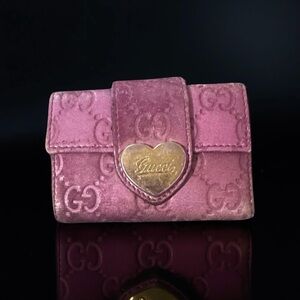 Gucci Guccissima "Lovely Heart" key case Metallic Barbie Pink Compact wallet